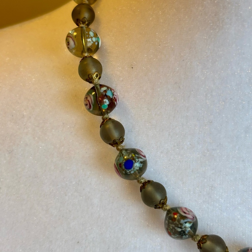 Artisan Glass Bead Necklace • Handcrafted Floral Beads • Neutral Tones
